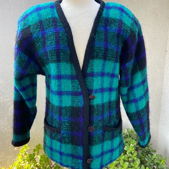 Price is Firm Vtg 80s plaid mohair wool cardigan sweater M - Picture 2 of 10